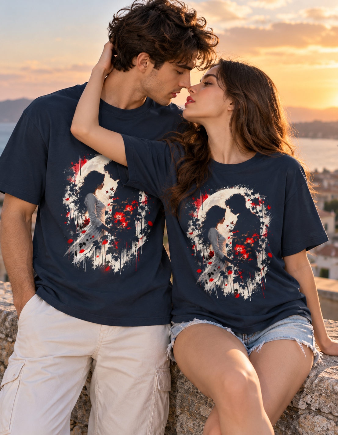 Two Souls, One Moment — Moonlight Couple  Oversized T-Shirt
